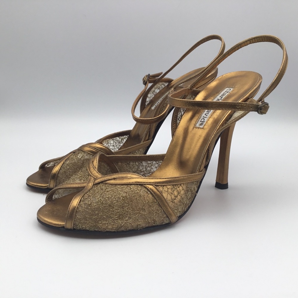 CHARLES DAVID gold mesh sequin evening formal peep toe heel pump 9M 9